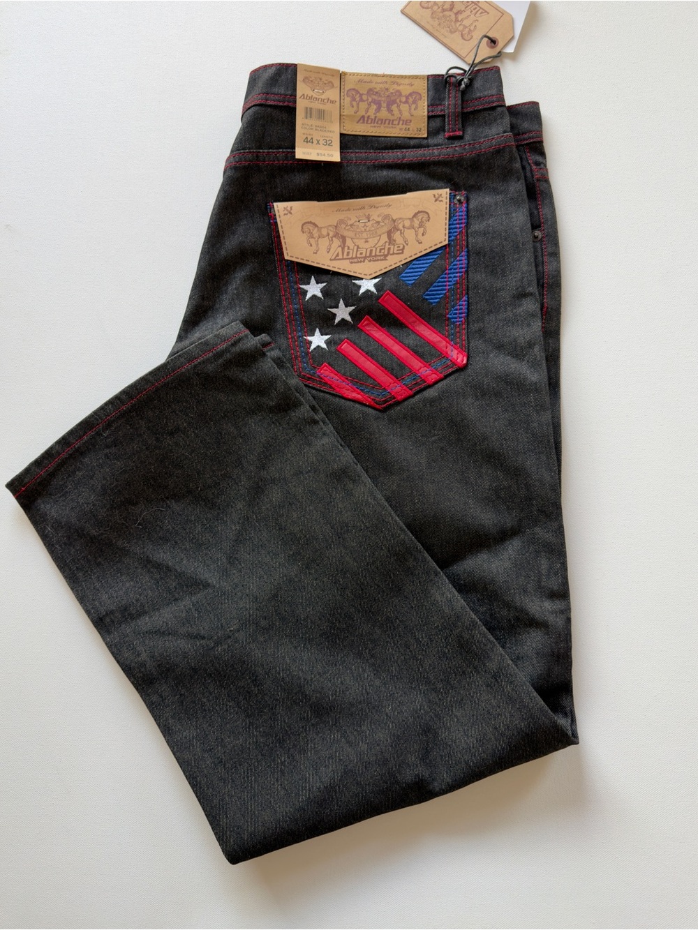 NWT Ablanche Men's Blue Jeans Red Accents Size 42x32 100% Cotton Straight Y2k
